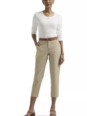 Gingham Cropped Straight-Leg Pants - Tan/White